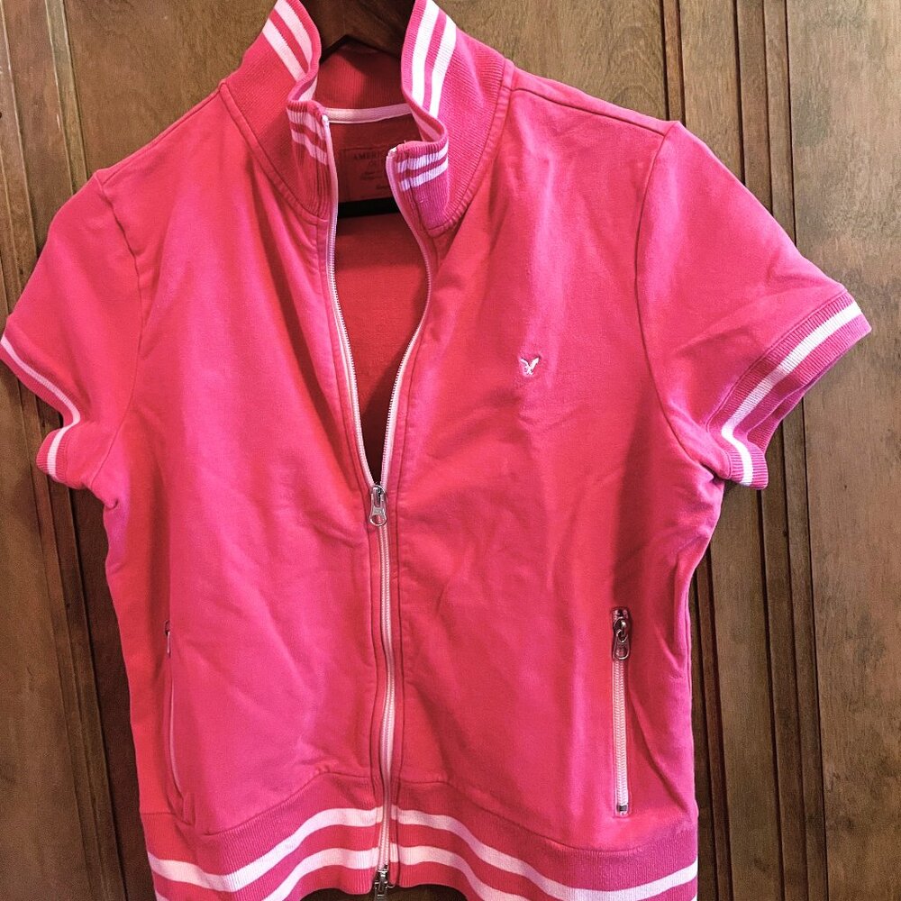 VTG American Eagle Outfitters Cotton Blend Prep Hot Pink Stripped FULL Zip Up